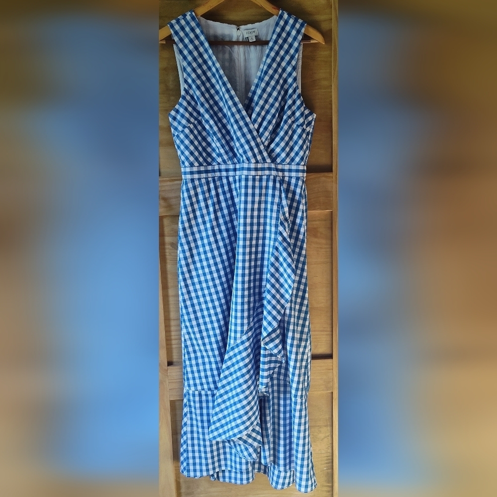 J. Crew Women's Blue White Gingham V Neck Ruffle Faux Wrap Poplin Maxi Dress | 6 - Picture 2 of 7